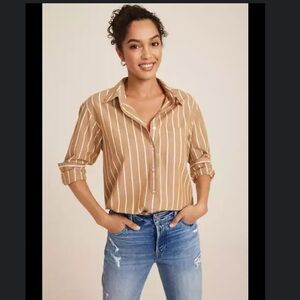 Maurices Casual 100% Cotton  Tan and White Striped Button Down Shirt- Large